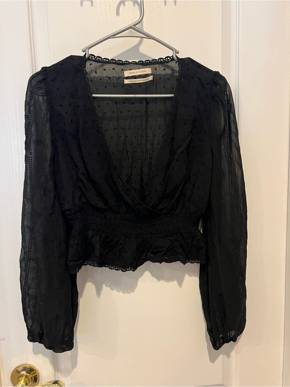 Urban Outfitters Black Sheer Swiss Dot Peasant Blouse